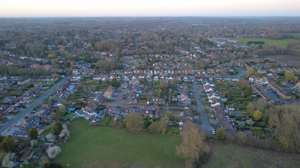 Wide aerial view across Brentwood in Essex