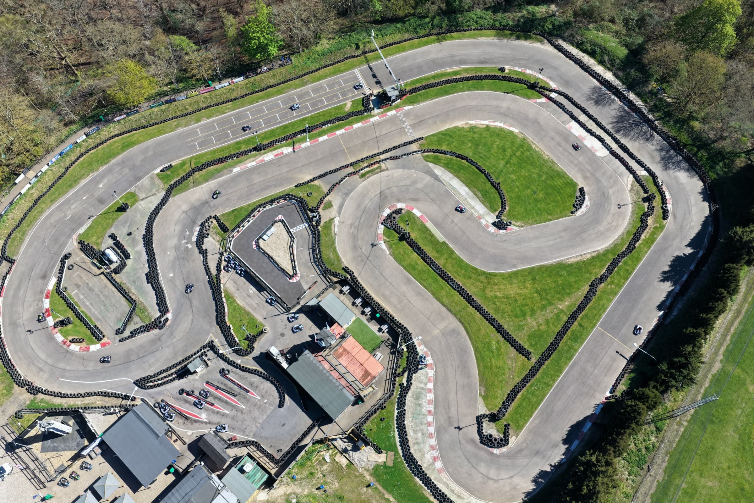 Top-down aerial view of an Essex kart circuit during a track session