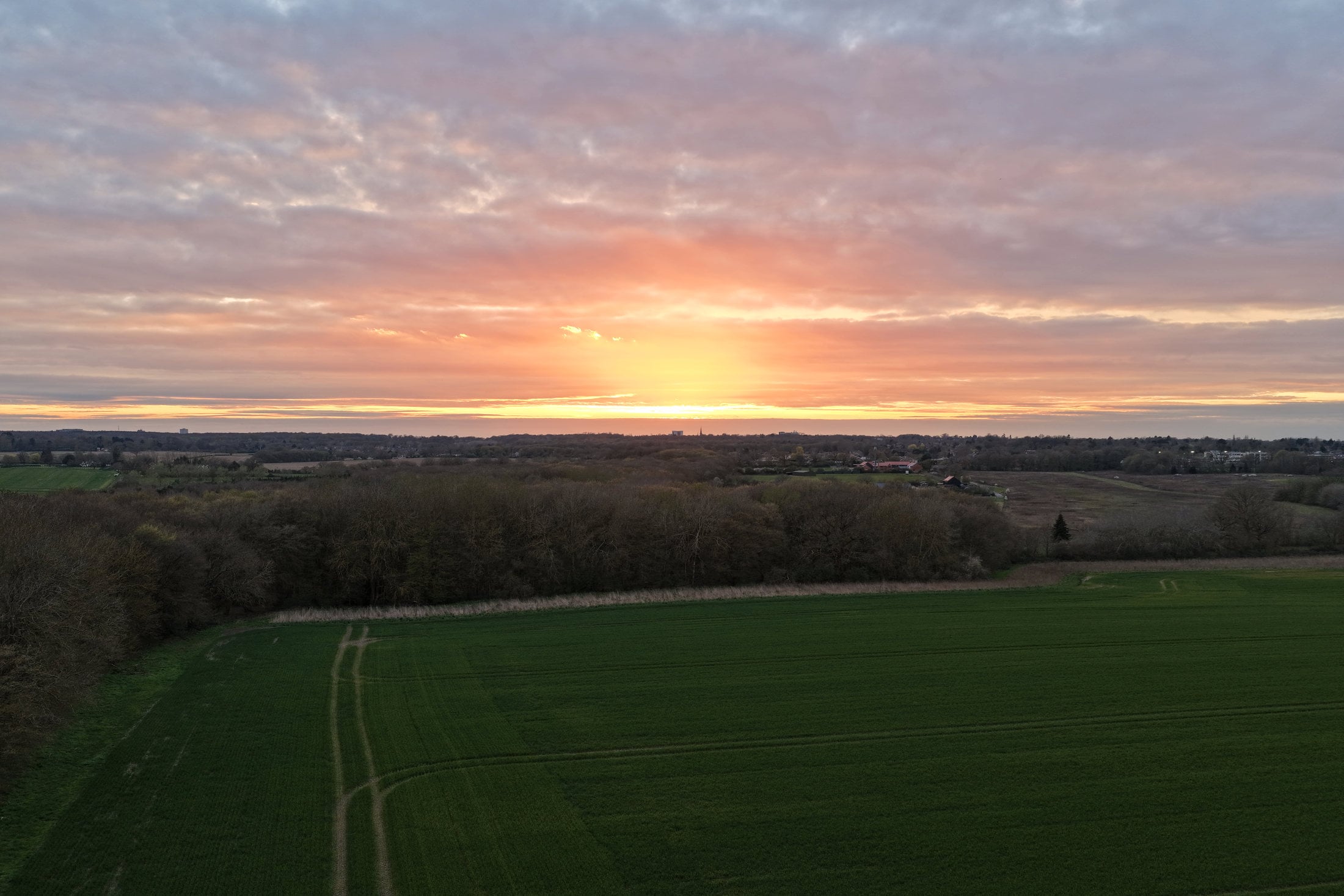 Sunset above fields and woodland near Brentwood, Essex